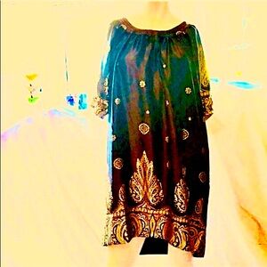 Lightweight dress unique brown & gold tunic shift short sleeve flowing. Vintage